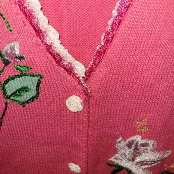 Storybook Knits Pink Cardigan Sweater Roses L - Picture 6 of 14